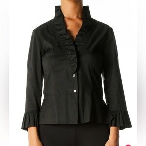 Trina Turk Formal Black Blouse Shirt Ruffles Button Up Size Large